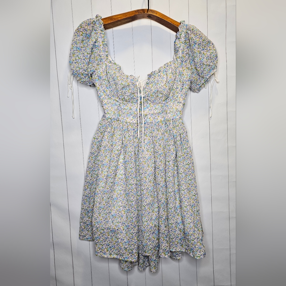 ASOS Love Triangle milk maid mini dress with open back in blue ditsy - Picture 3 of 11